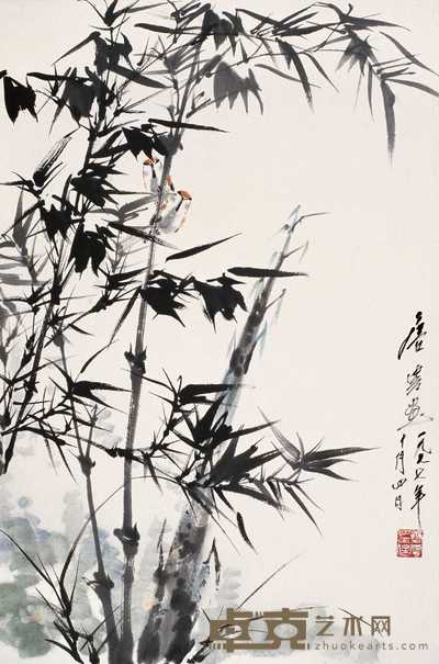 唐云 1977年作 修篁小鸟图 立轴 70×46cm